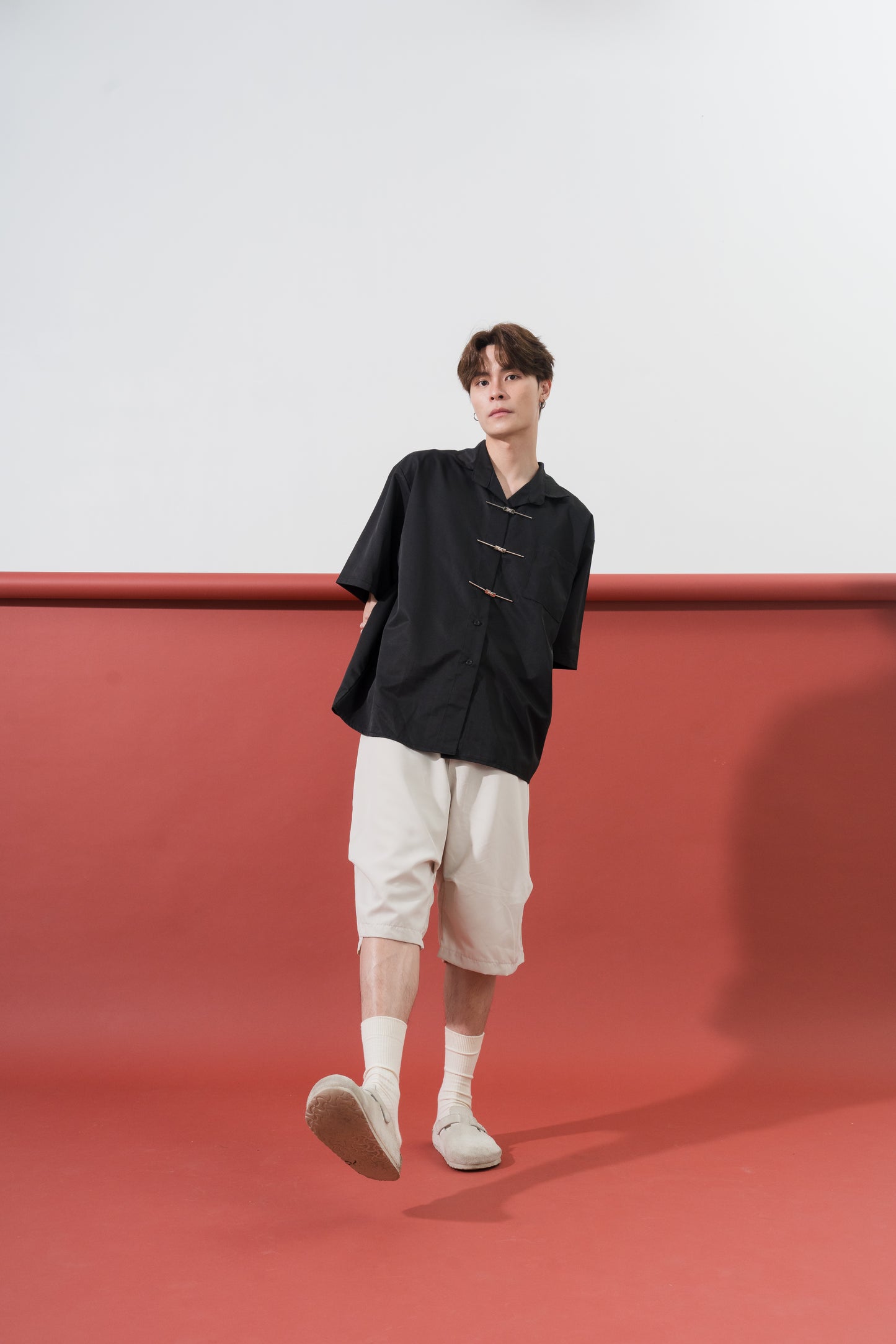 Metal Button Mandarin Oversized Shirt