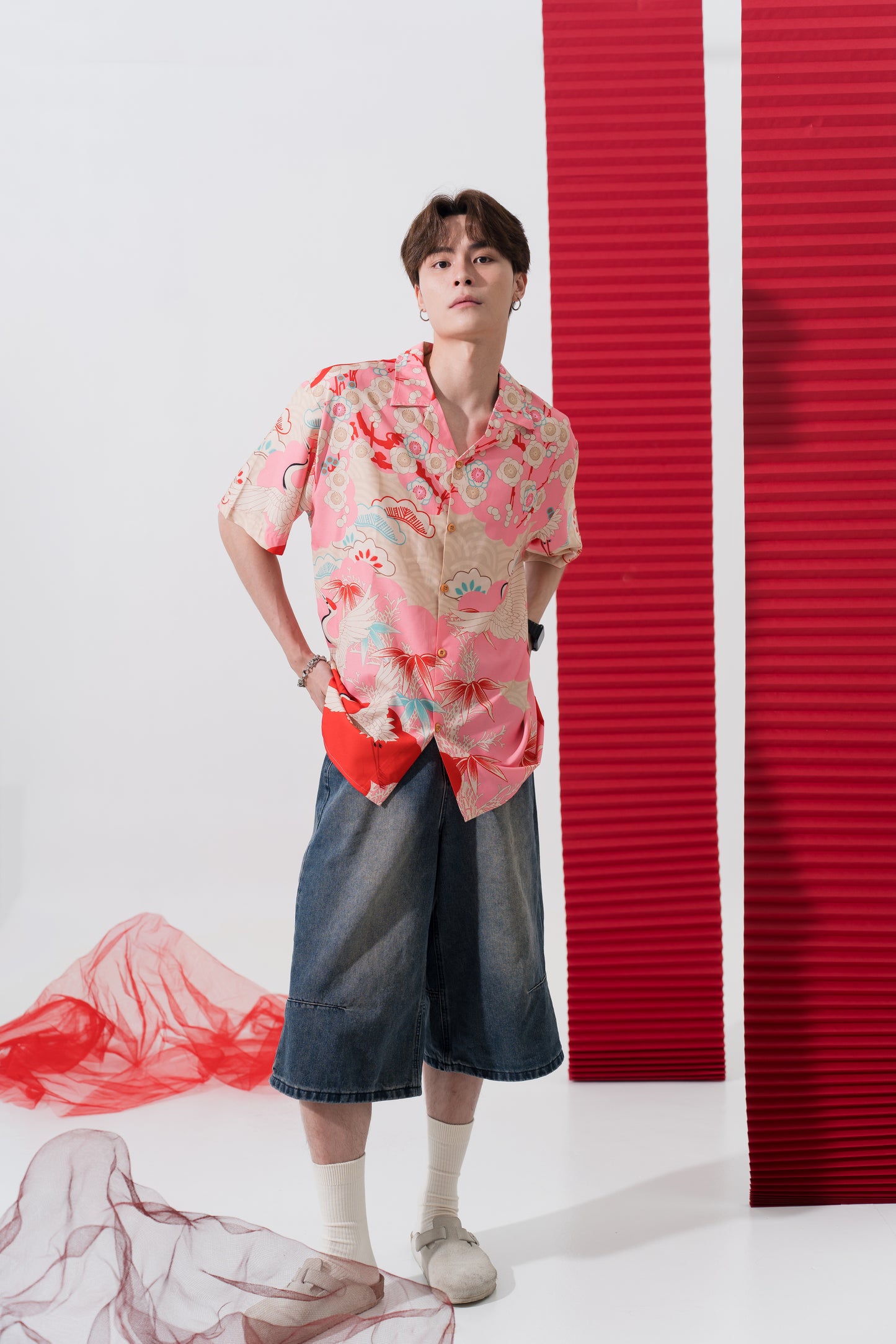 Japanese Crane Print Retro Shirt