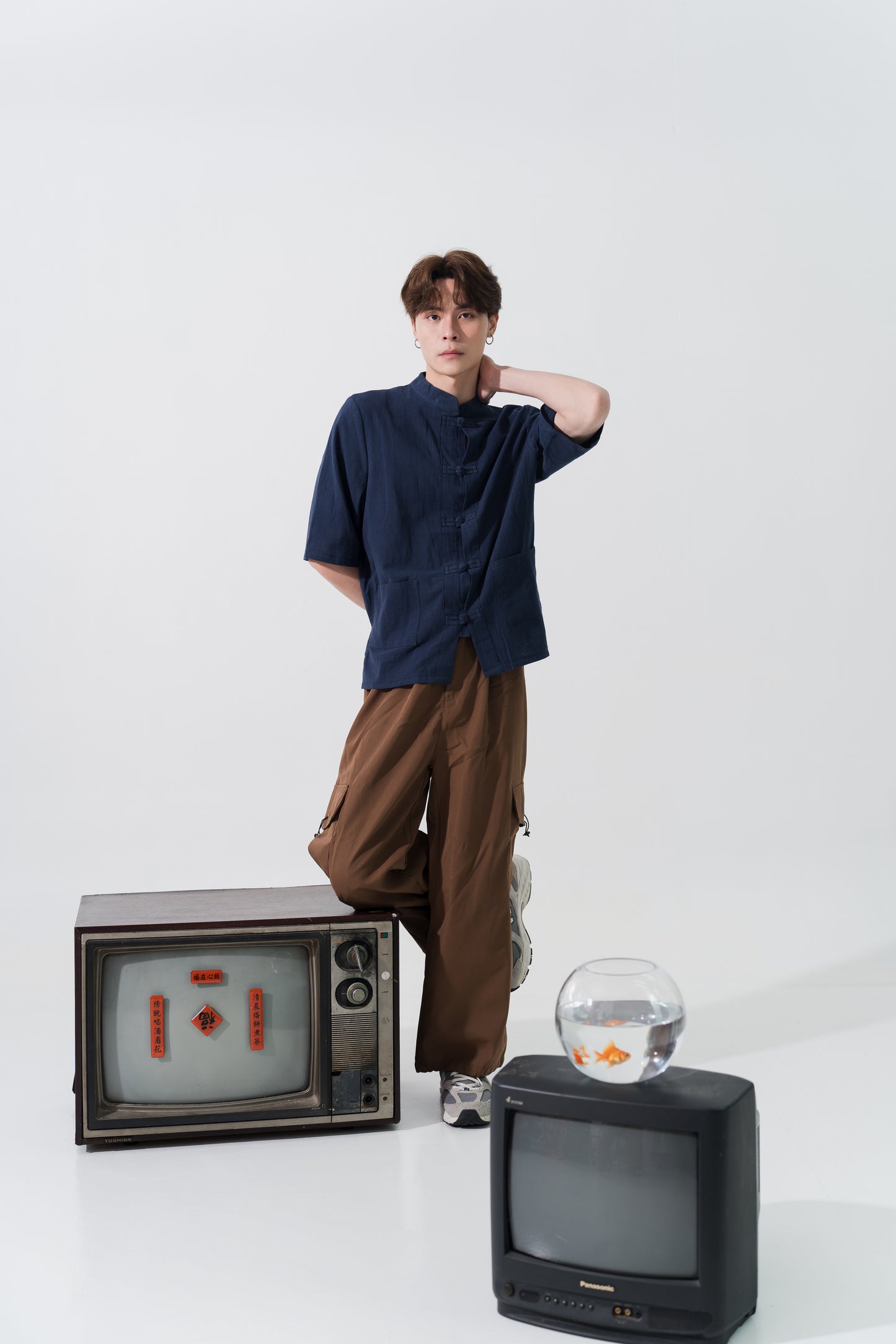 Linen Cotton Pankou Tang Suit in Navy