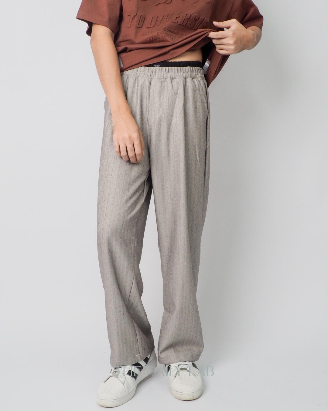 Double Waist Stripe Pants in Light Grey