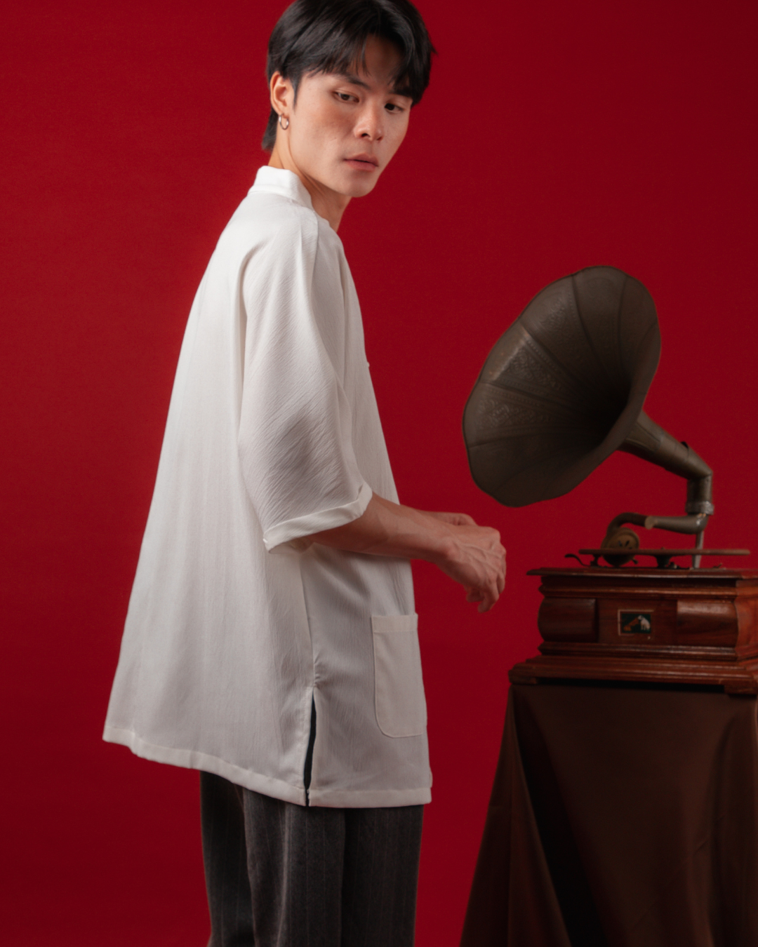 Vintage Mandarin Button Shirt in White