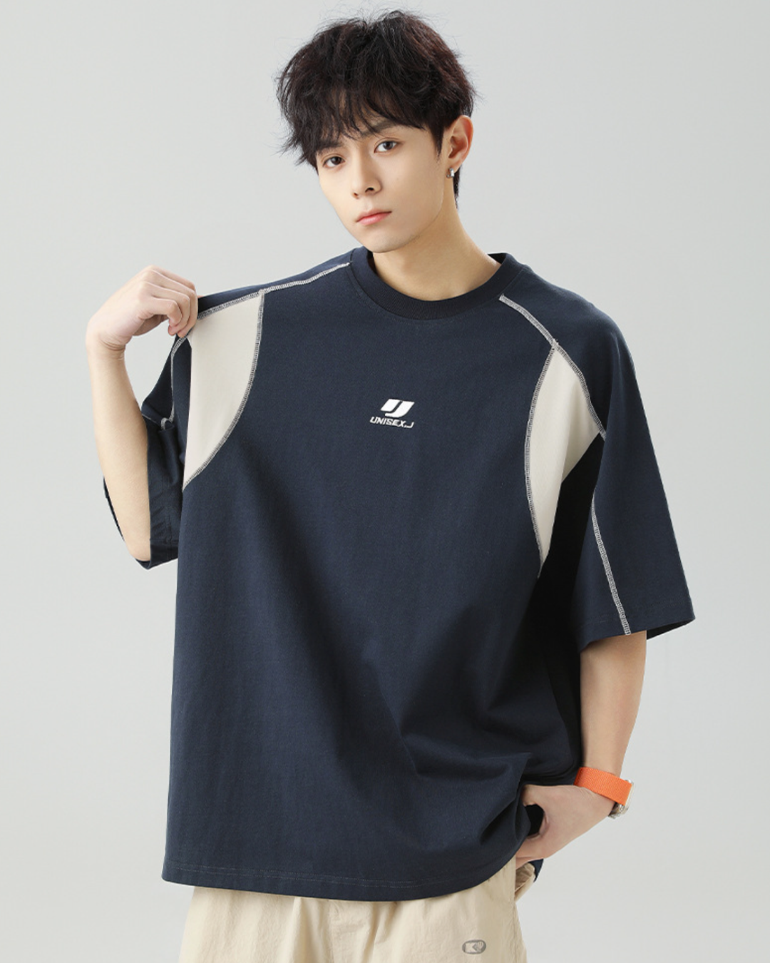 J Patchwork Relaxed Tee in Navy (In-Stock)