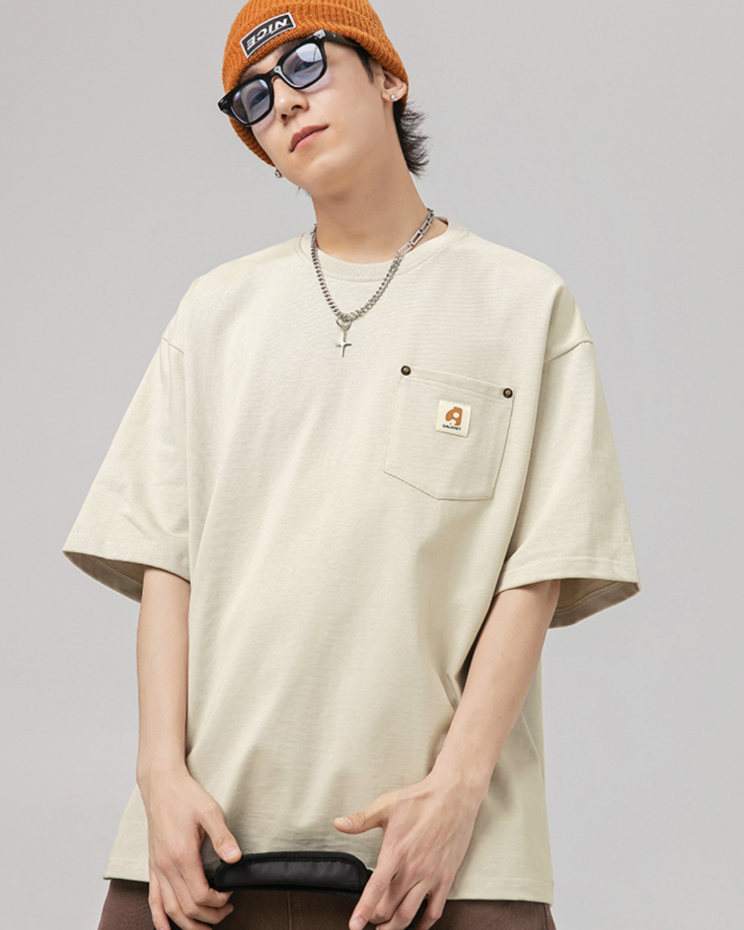 Pocketed Oversized Vintage Tee in Beige