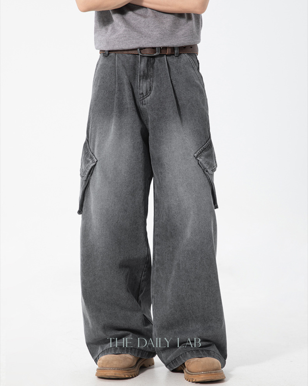 Washed Utility Denim Cargo Pants in Grey