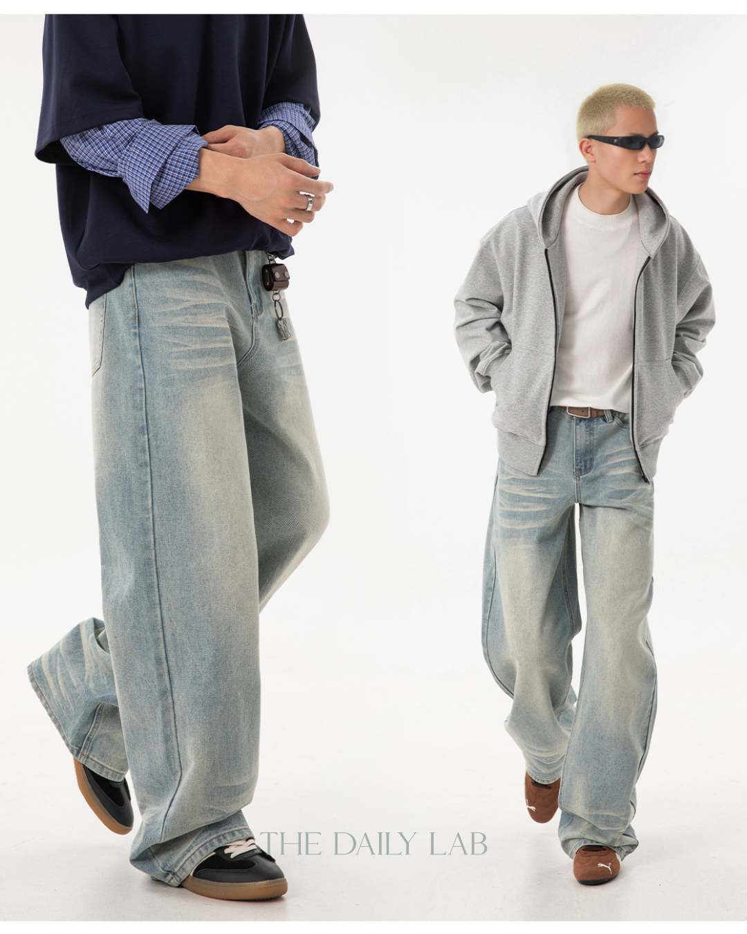 Whisker Washed Distressed Jeans in Blue