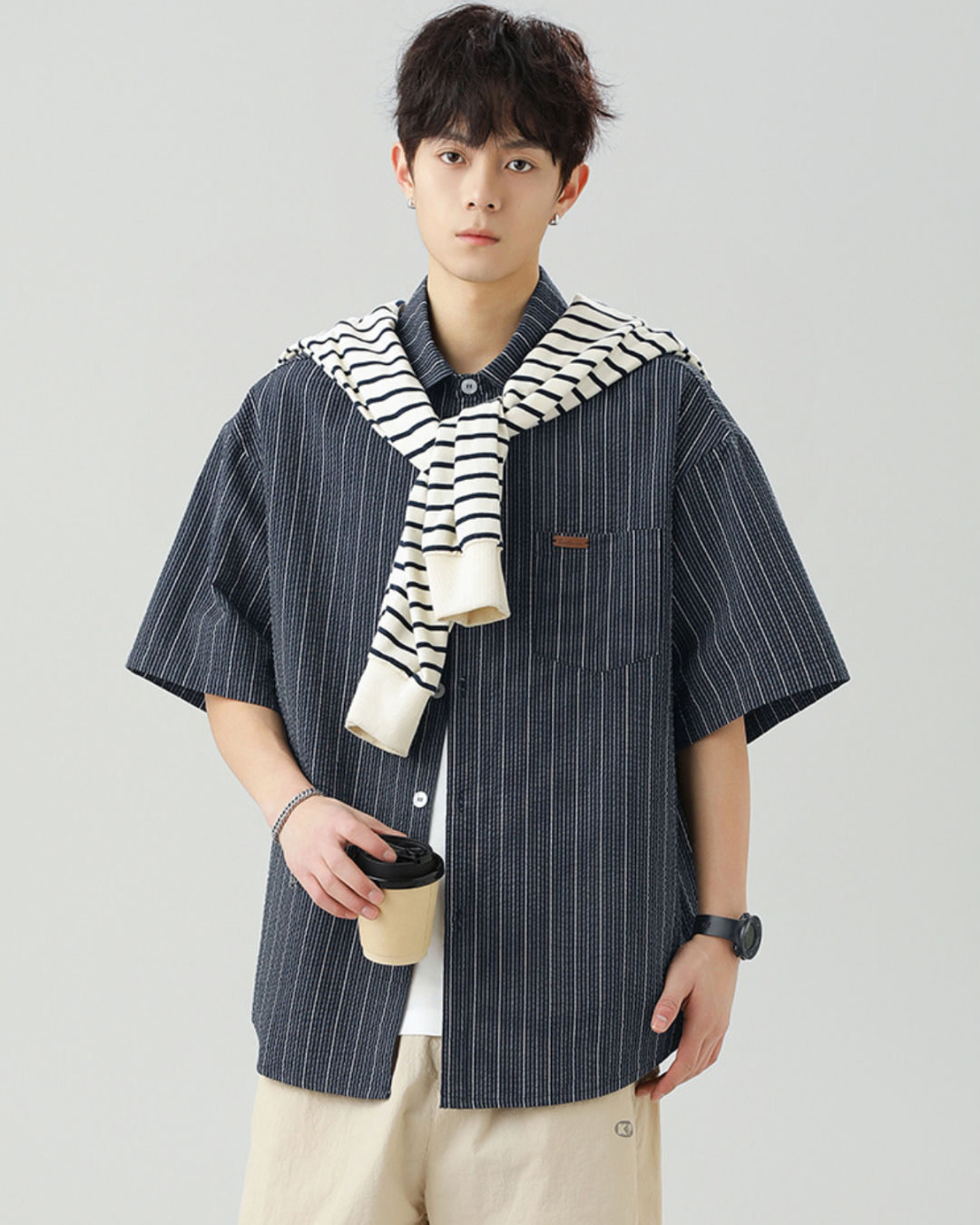 Striped Buttoned Overshirt in Navy (In-Stock)