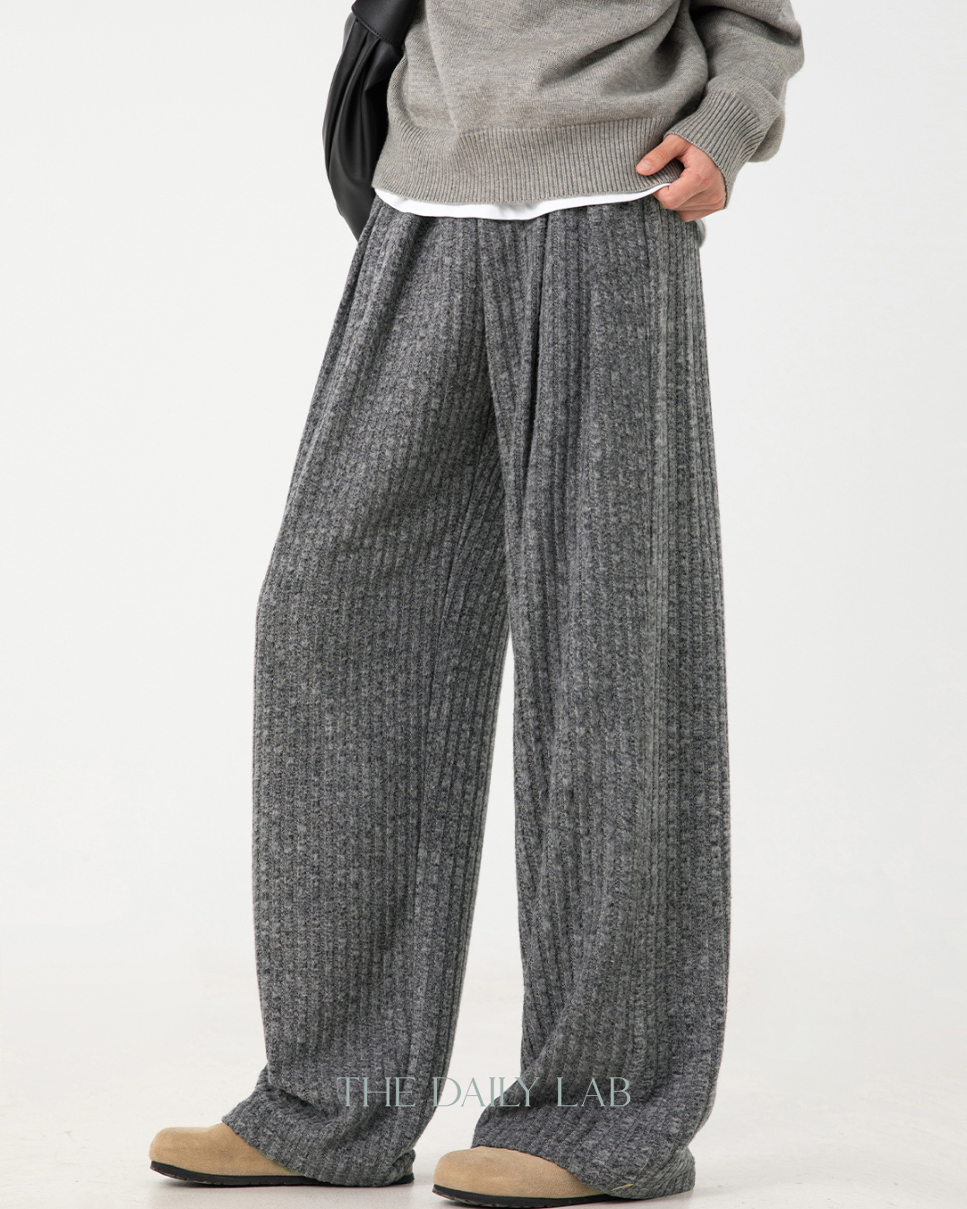 Textured Fleece Loose-fit Draped Casual Pants In Dark Grey