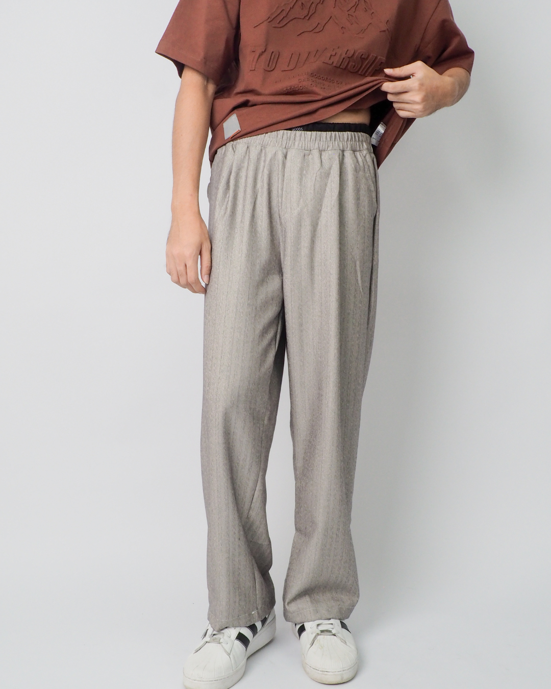 Double Waist Stripe Pants in Light Grey
