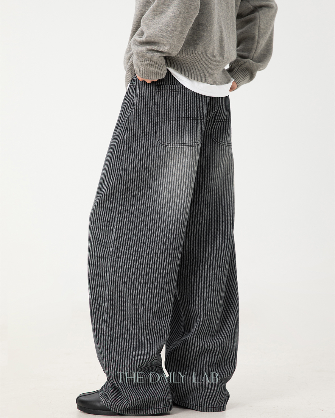 Vintage Washed Vertical-Stripe Jeans In Black