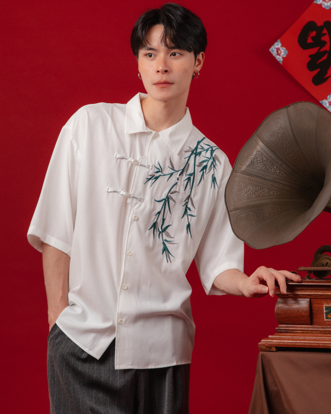 Embroidered Bamboo Chinese Shirt in White