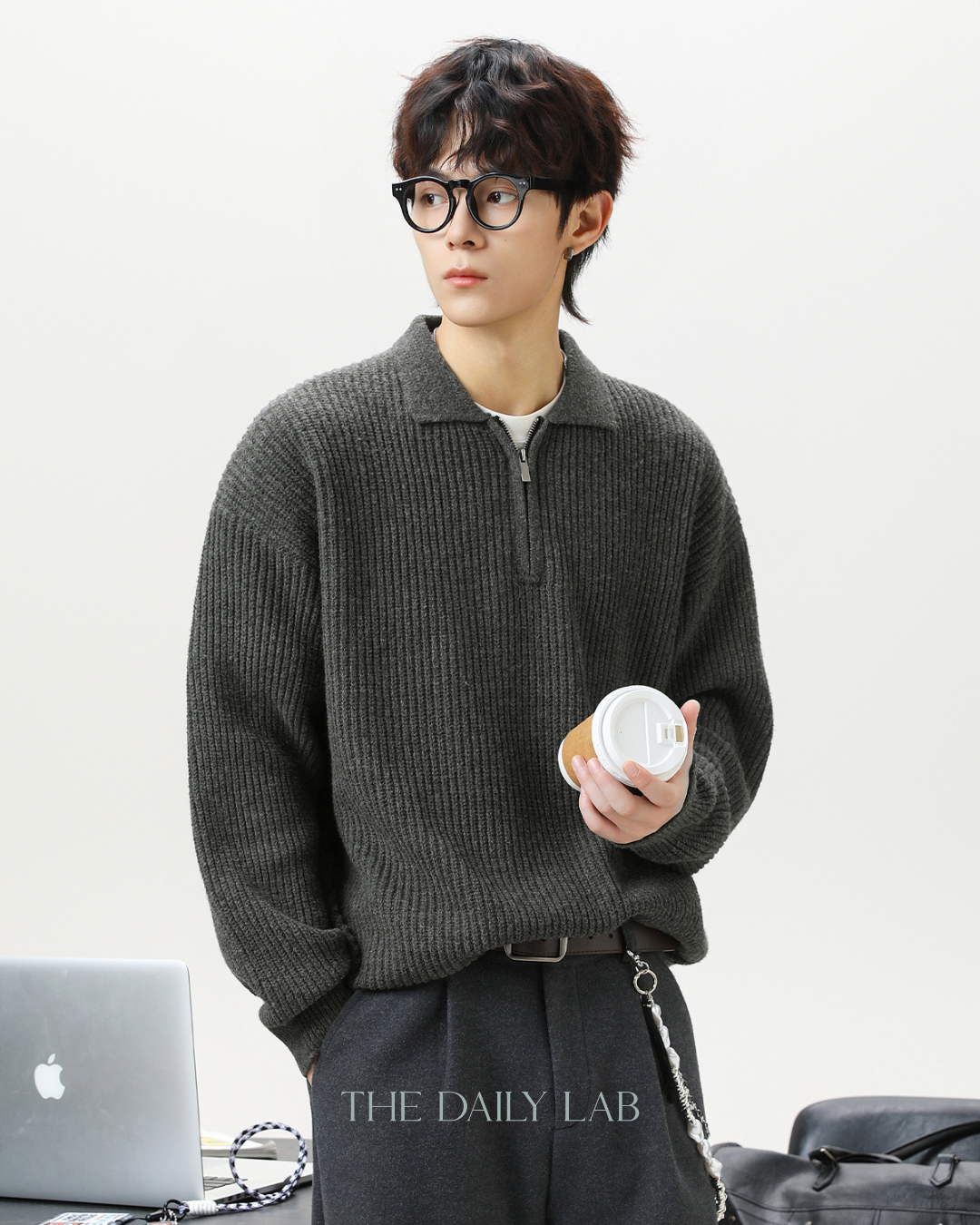 Heavyweight Half-Zip Knit Sweater in Grey