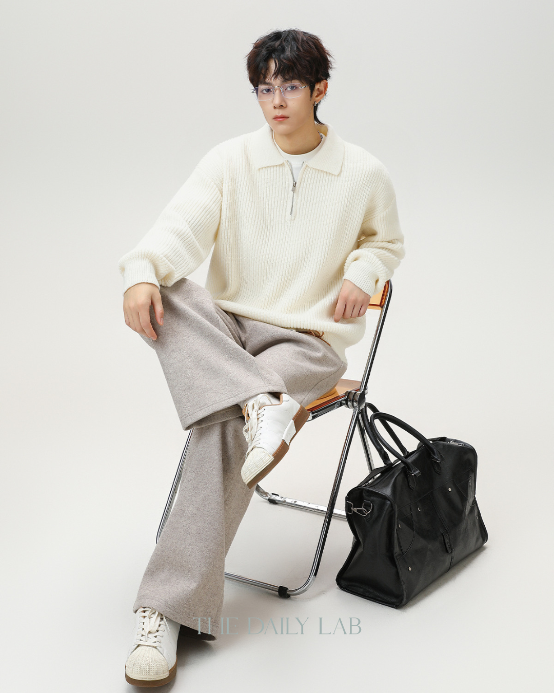 Heavyweight Half-Zip Knit Sweater in White