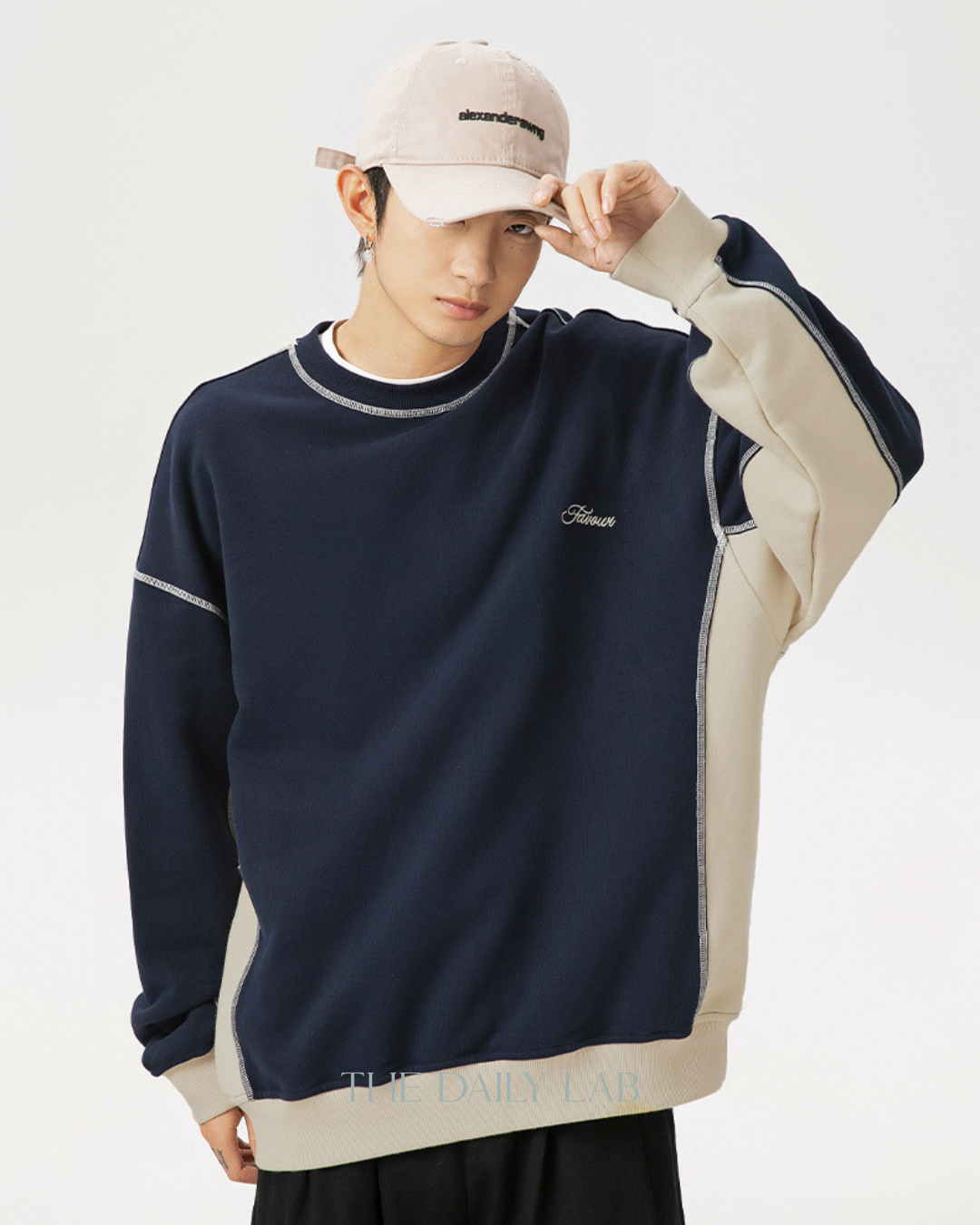 Retro Color Stitch Sweatshirt in Navy Blue