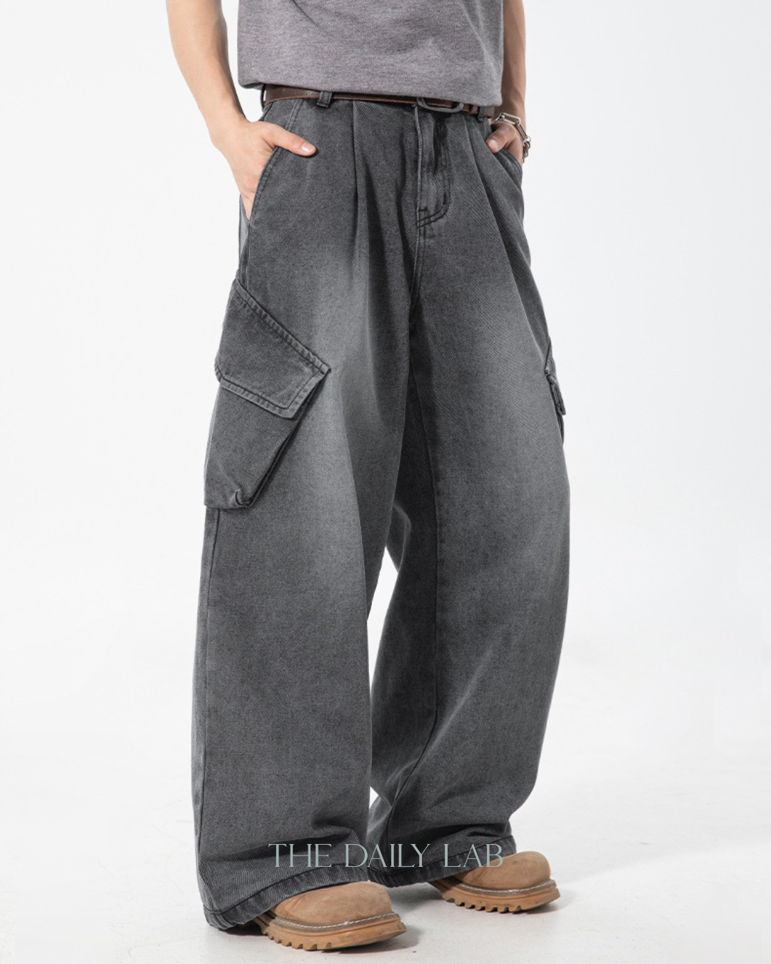 Washed Utility Denim Cargo Pants in Grey