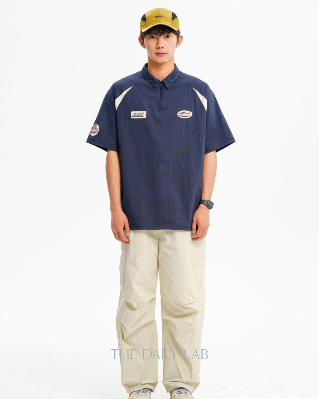 Logo Zipper Polo Shirt in Navy Blue