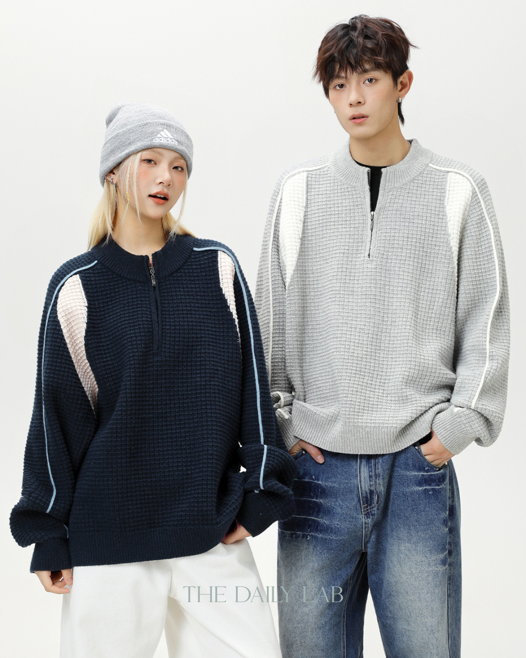 Colorblock Fleece Knit Jacket in Navy Blue
