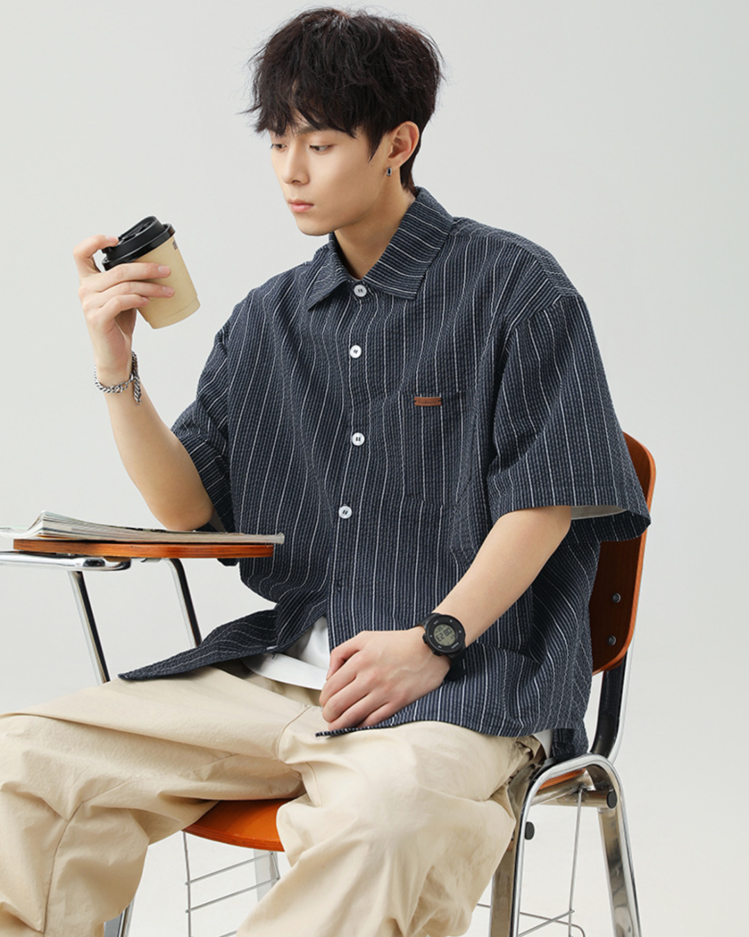 Striped Buttoned Overshirt in Navy (In-Stock)