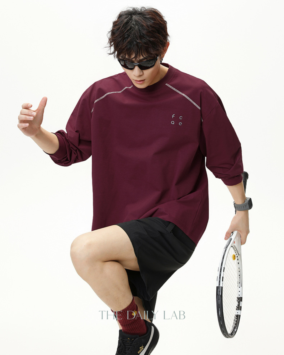 Contrast Panel Raglan Sports Long Shirt in Red
