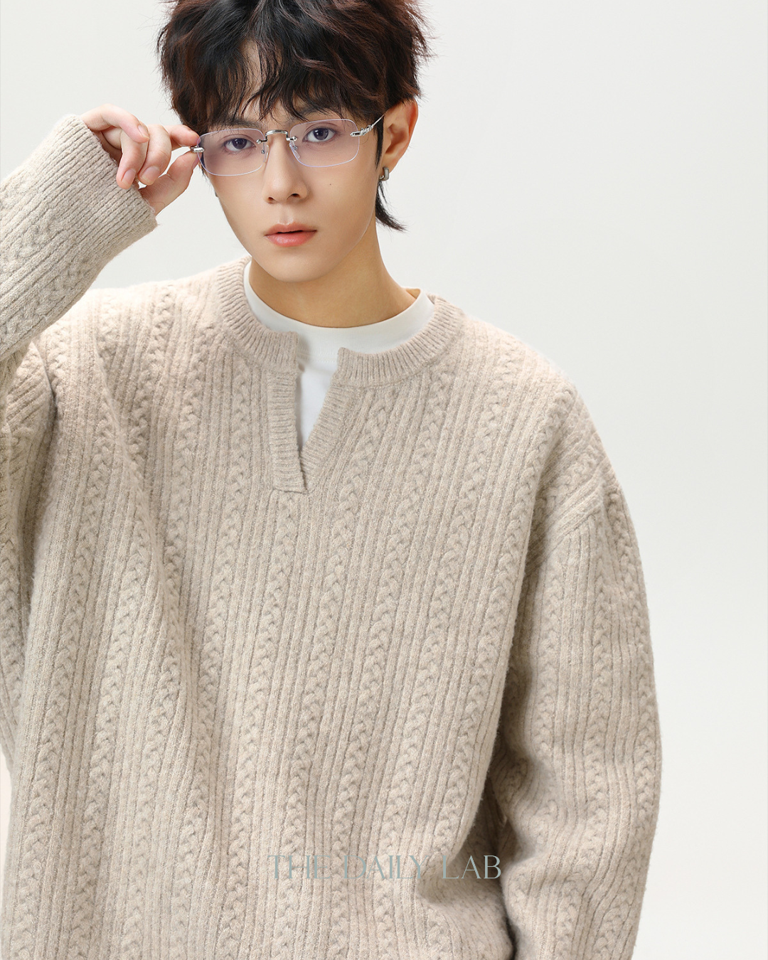 Oversized V-Neck Knit Sweater in Oatmeal