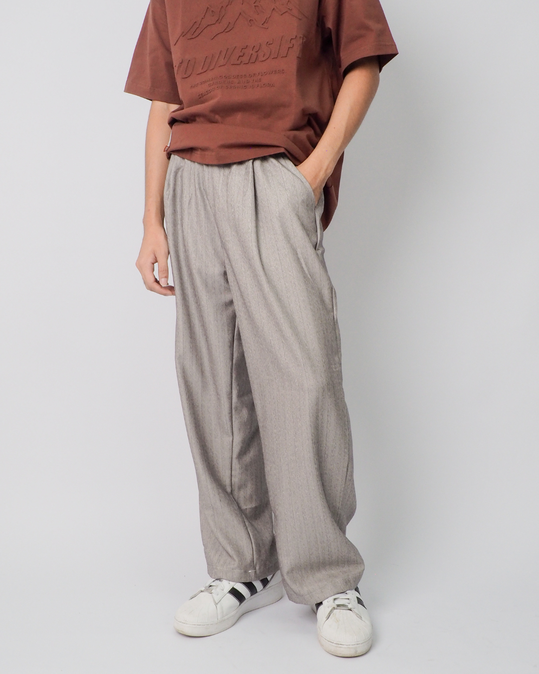 Double Waist Stripe Pants in Light Grey