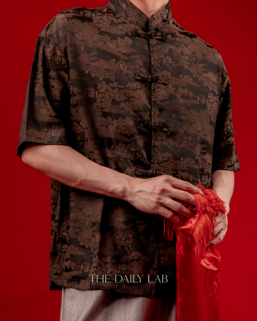 Lightweight Mandarin Collar Shirt in Brown