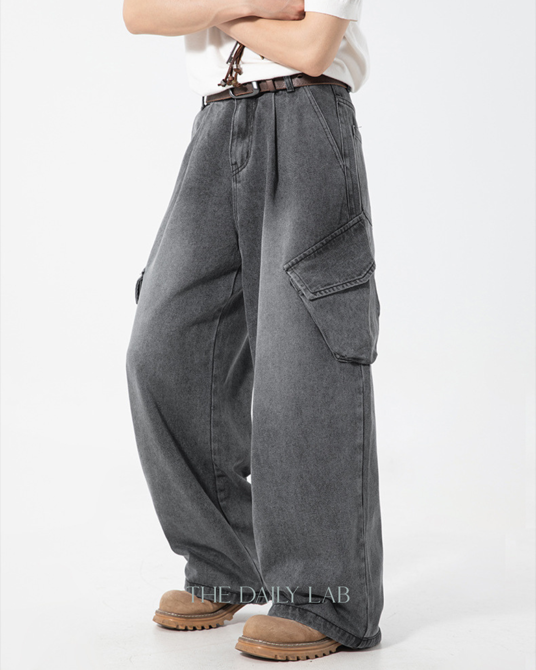 Washed Utility Denim Cargo Pants in Grey