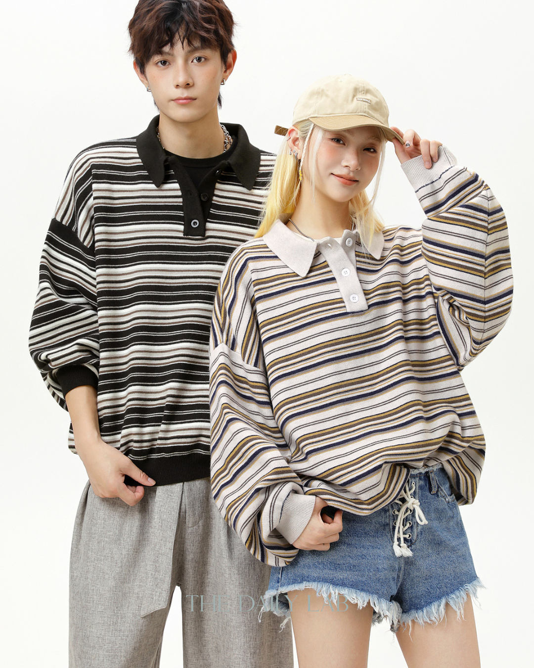 Vintage Striped Loose Casual T-Shirt in White Coffee