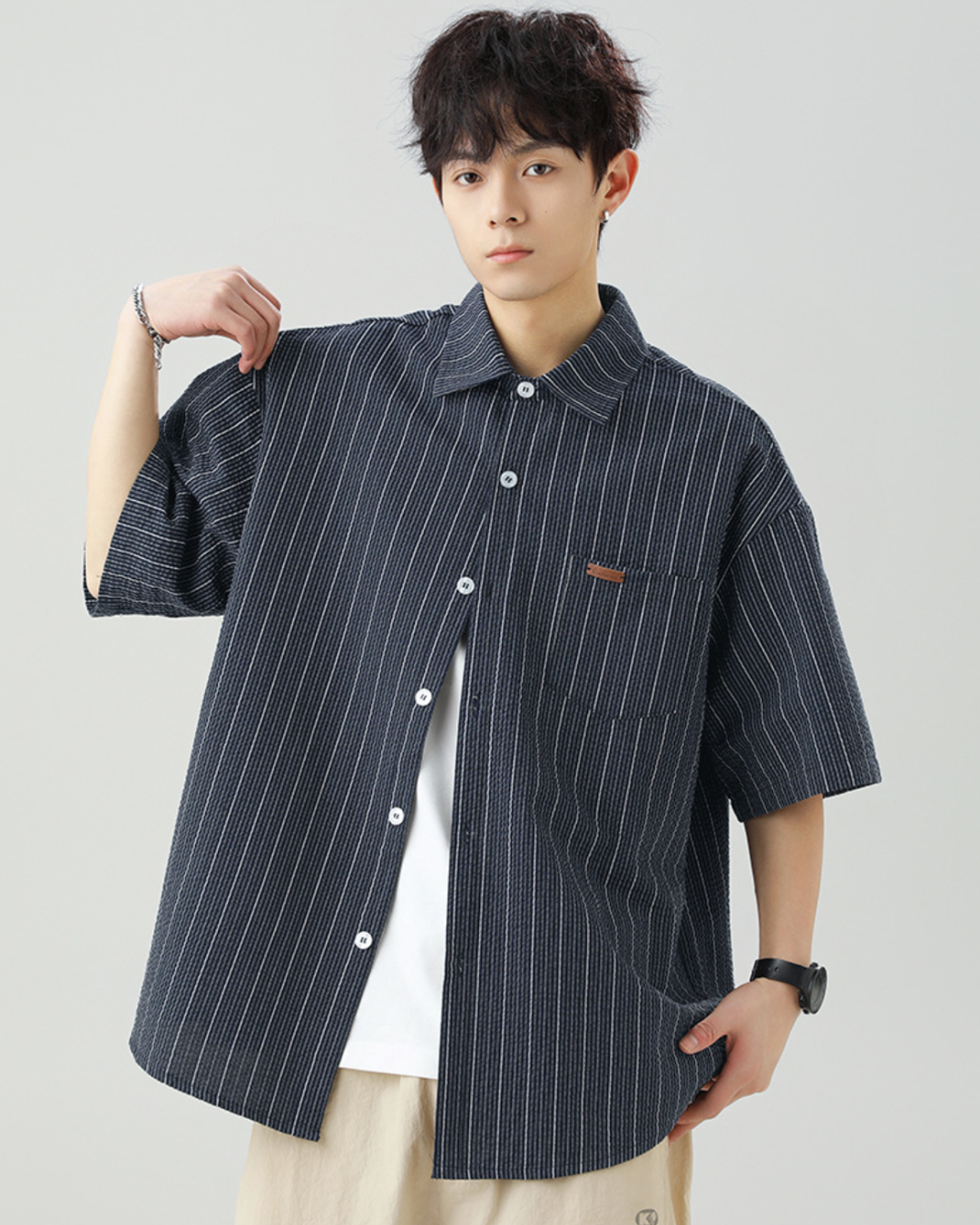 Striped Buttoned Overshirt in Navy (In-Stock)