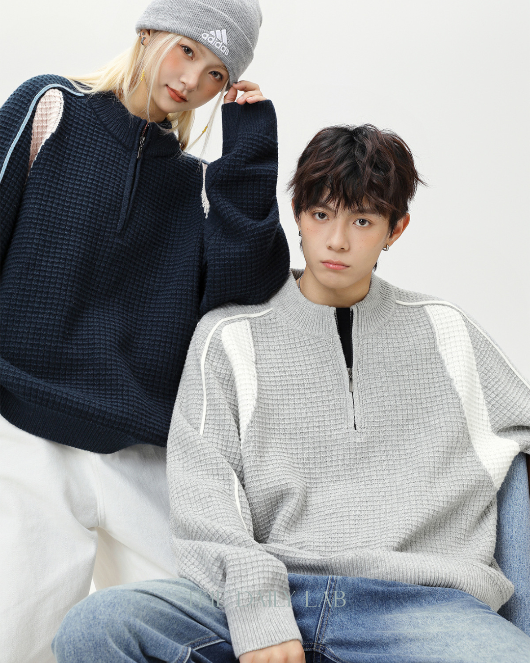 Colorblock Fleece Knit Jacket in Navy Blue