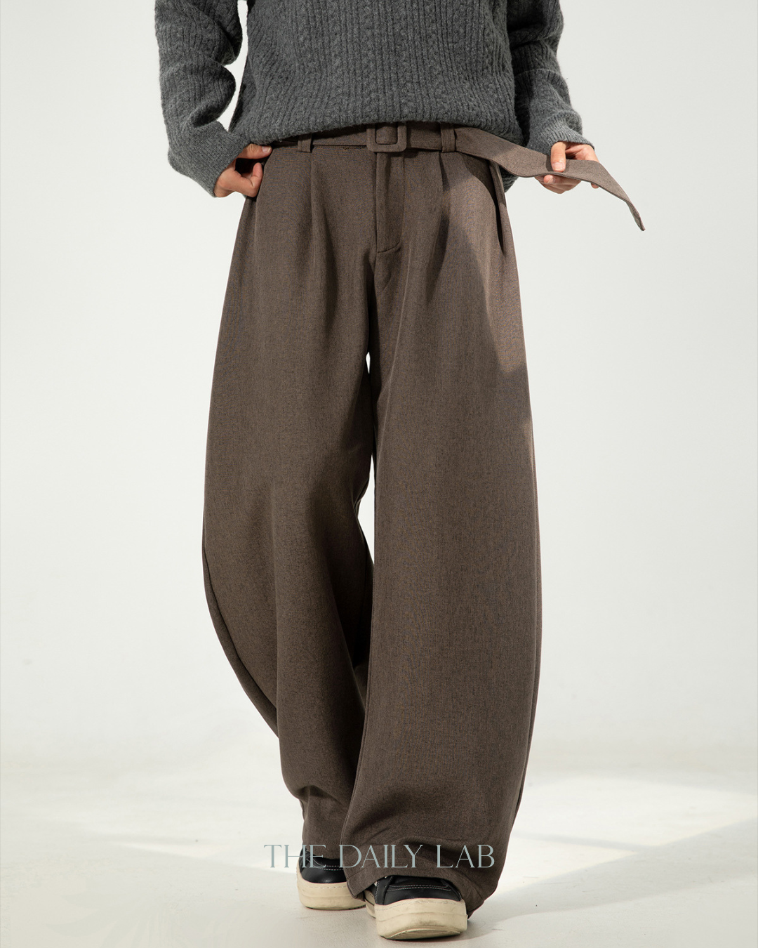 Pleated Draped Curved-Slit Suit Trousers In Brown