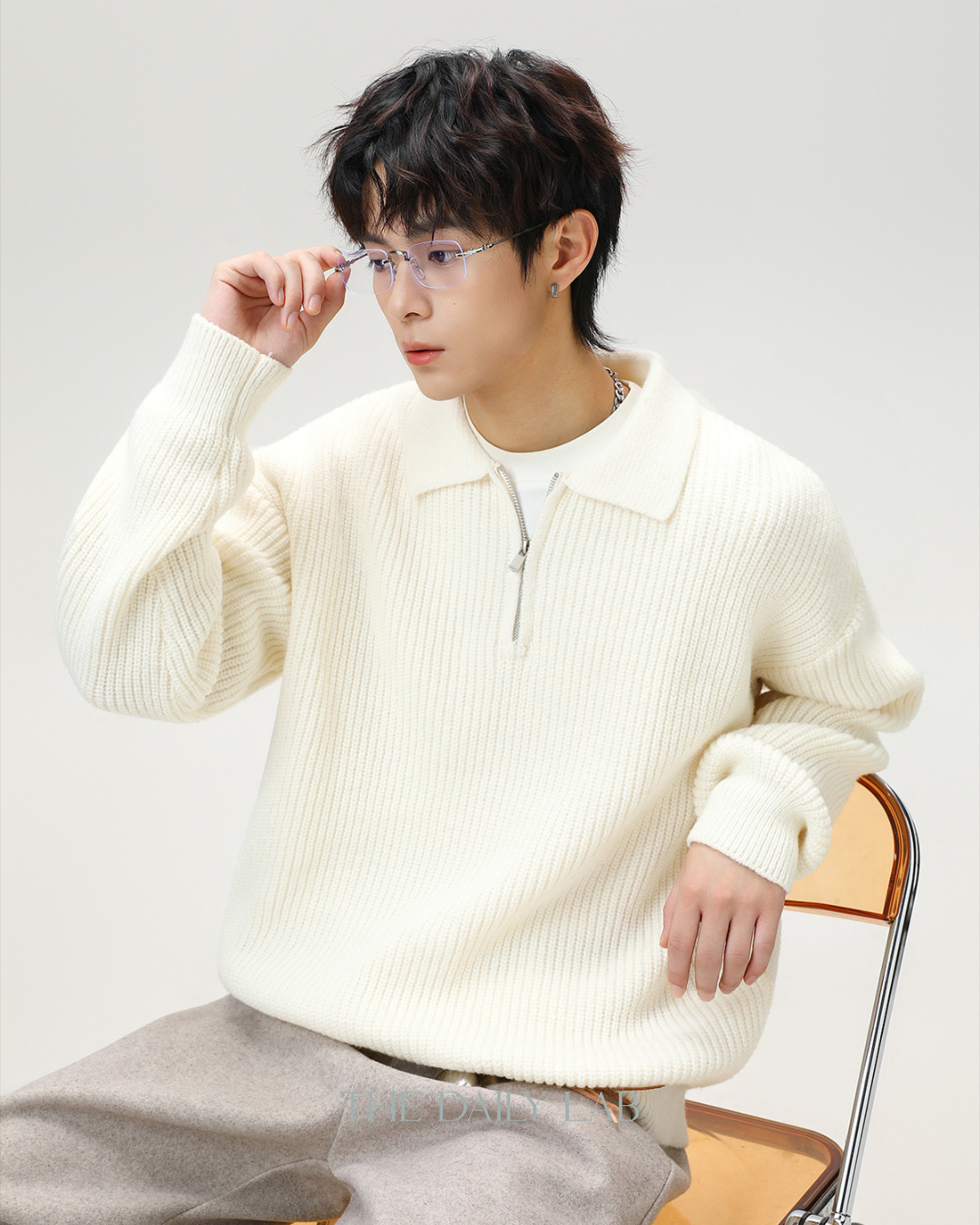 Heavyweight Half-Zip Knit Sweater in White