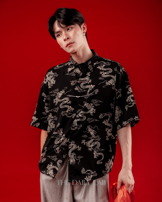 Black Gold Dragon Chinese Shirt in Black (In-Stock)