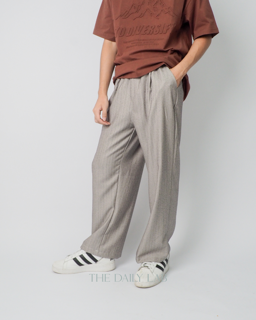 Double Waist Stripe Pants in Light Grey