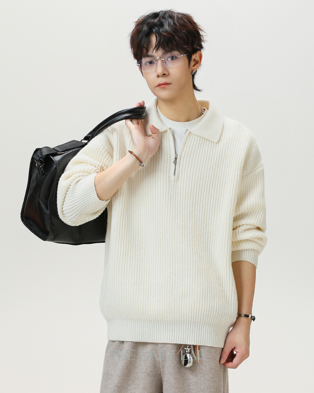 Heavyweight Half-Zip Knit Sweater in White