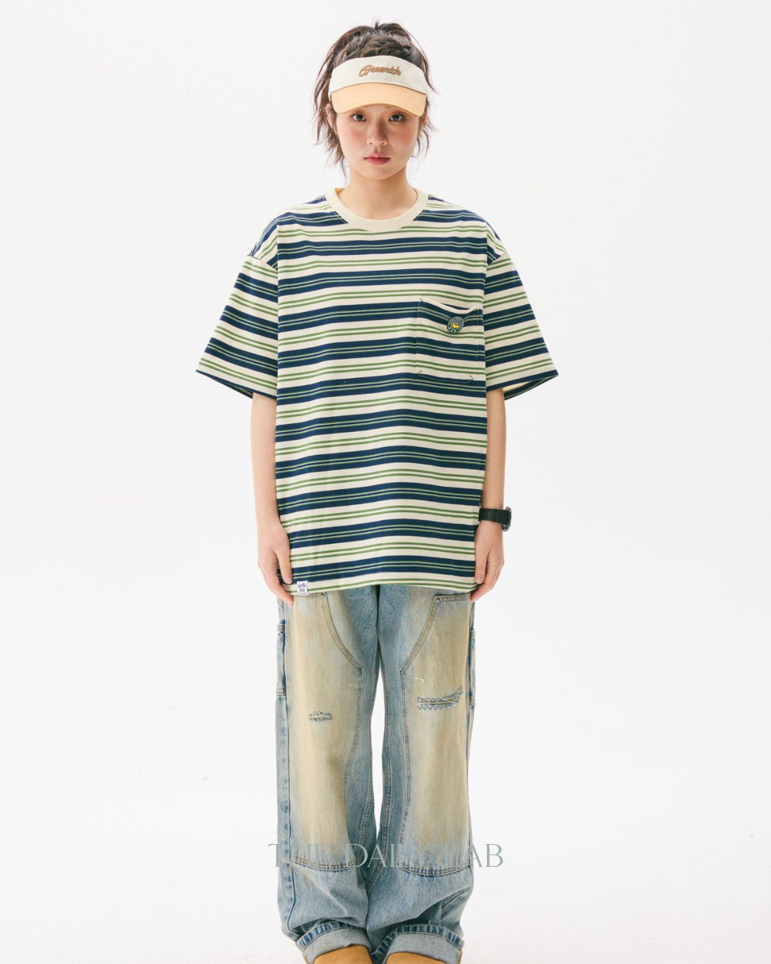 Teen Streetwear Striped Loose Fit Tee in Green/White