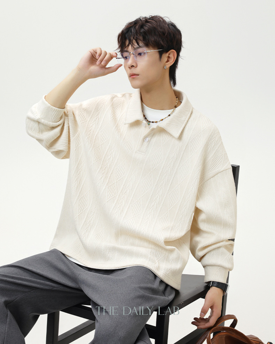 Heavyweight Textured Jacquard Turn-down Collar Sweatshirt In White