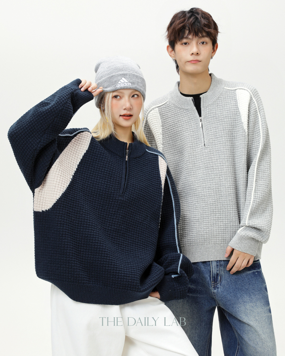 Colorblock Fleece Knit Jacket in Navy Blue