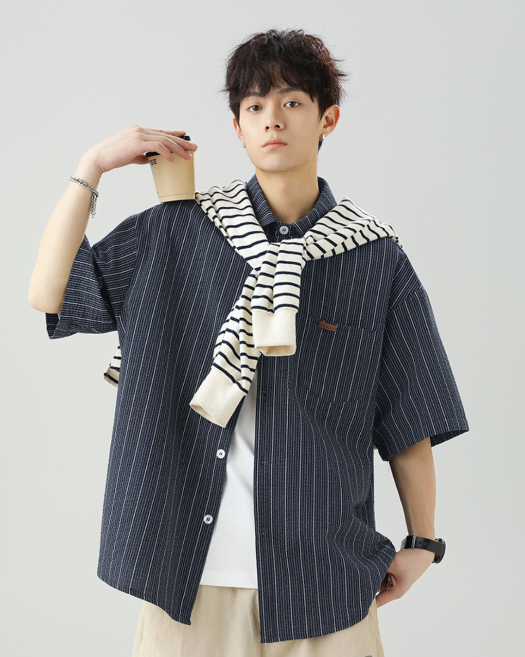 Striped Buttoned Overshirt in Navy (In-Stock)