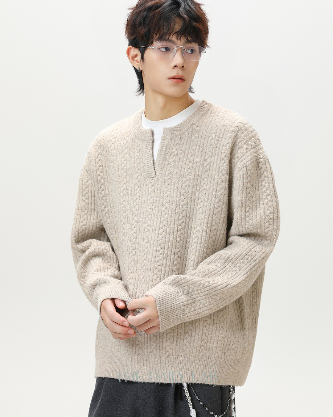 Oversized V-Neck Knit Sweater in Oatmeal