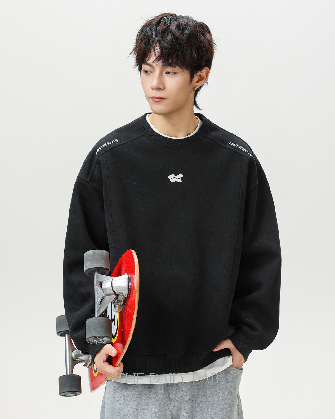 Crew Neck American Style Oversized Sweatshirt In Black
