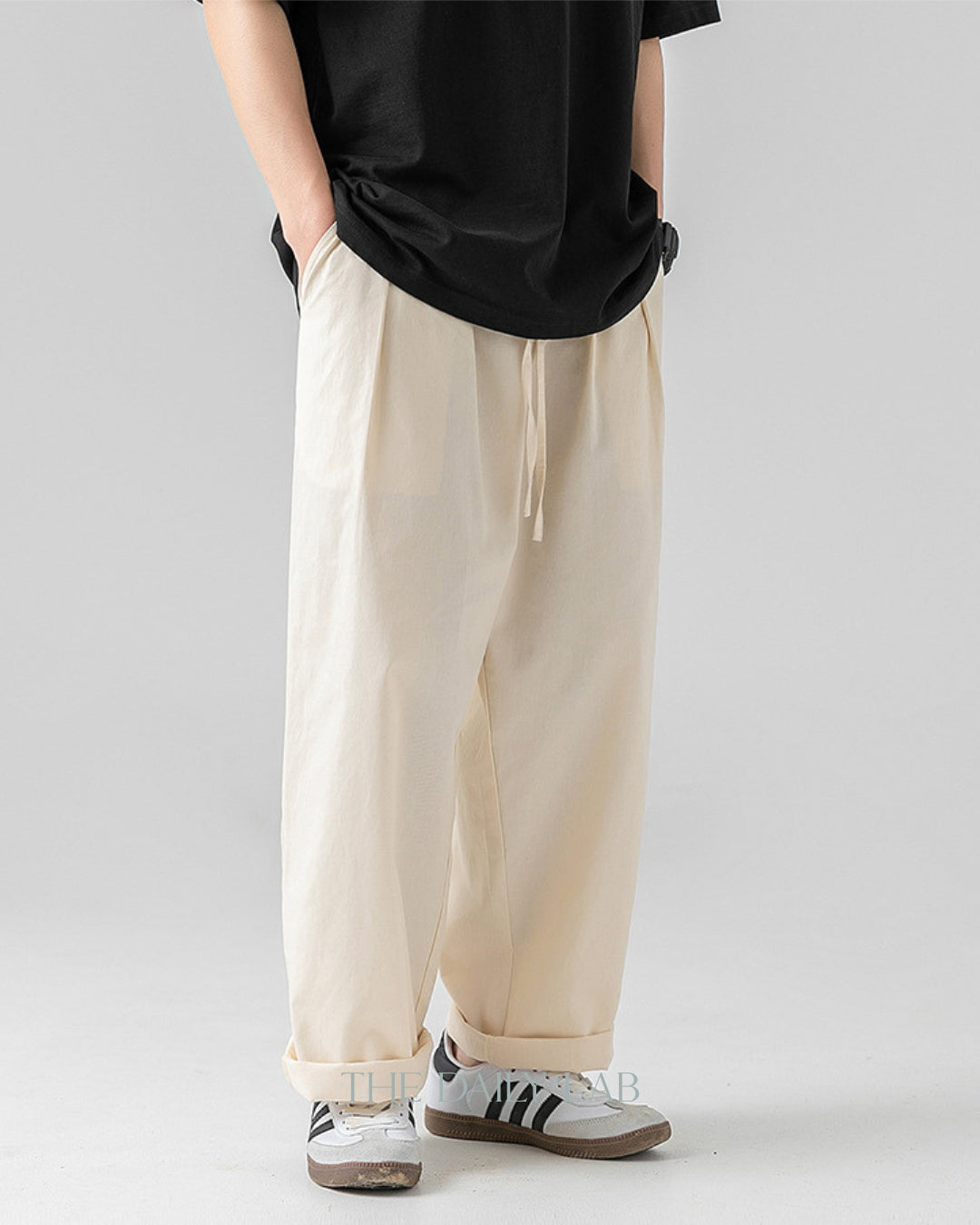 Drawstring Cargo Straight Long Pants in Beige