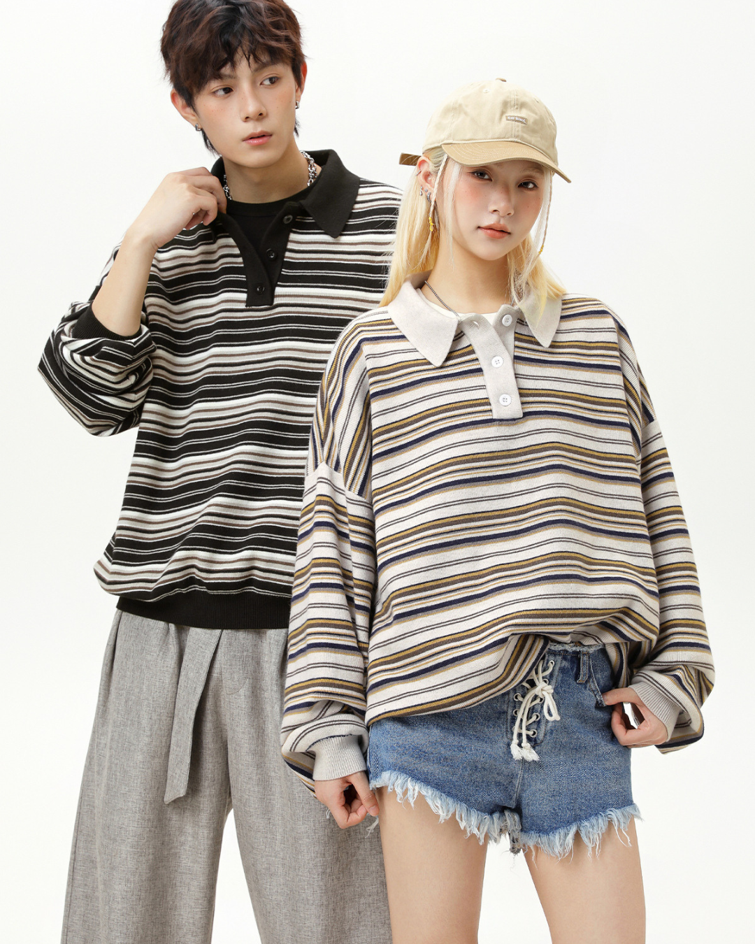 Vintage Striped Loose Casual T-Shirt in White Coffee