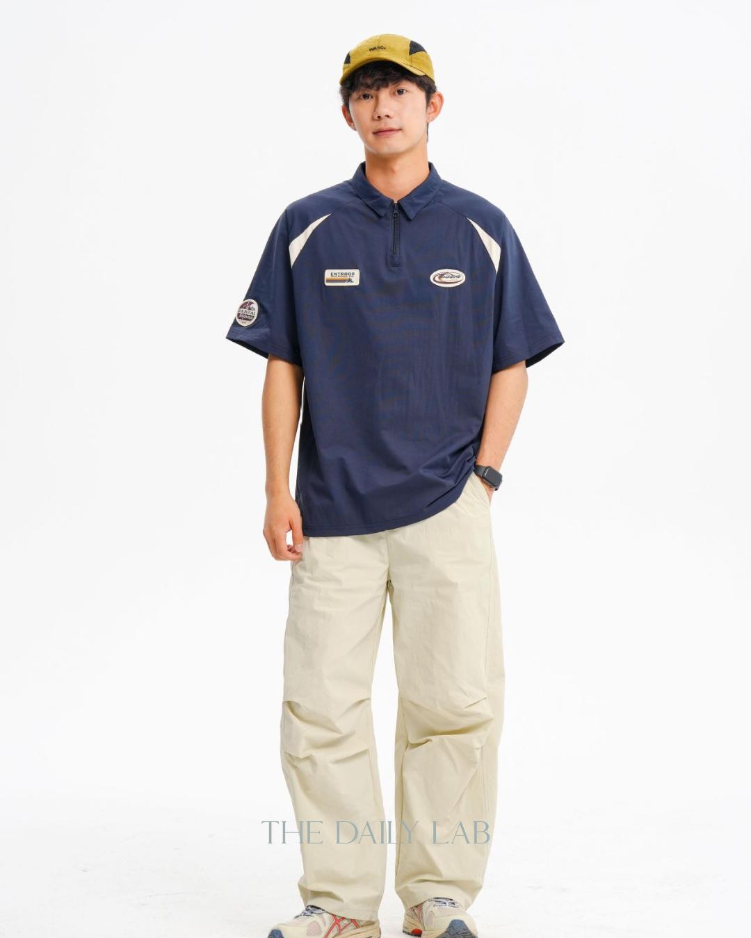 Logo Zipper Polo Shirt in Navy Blue