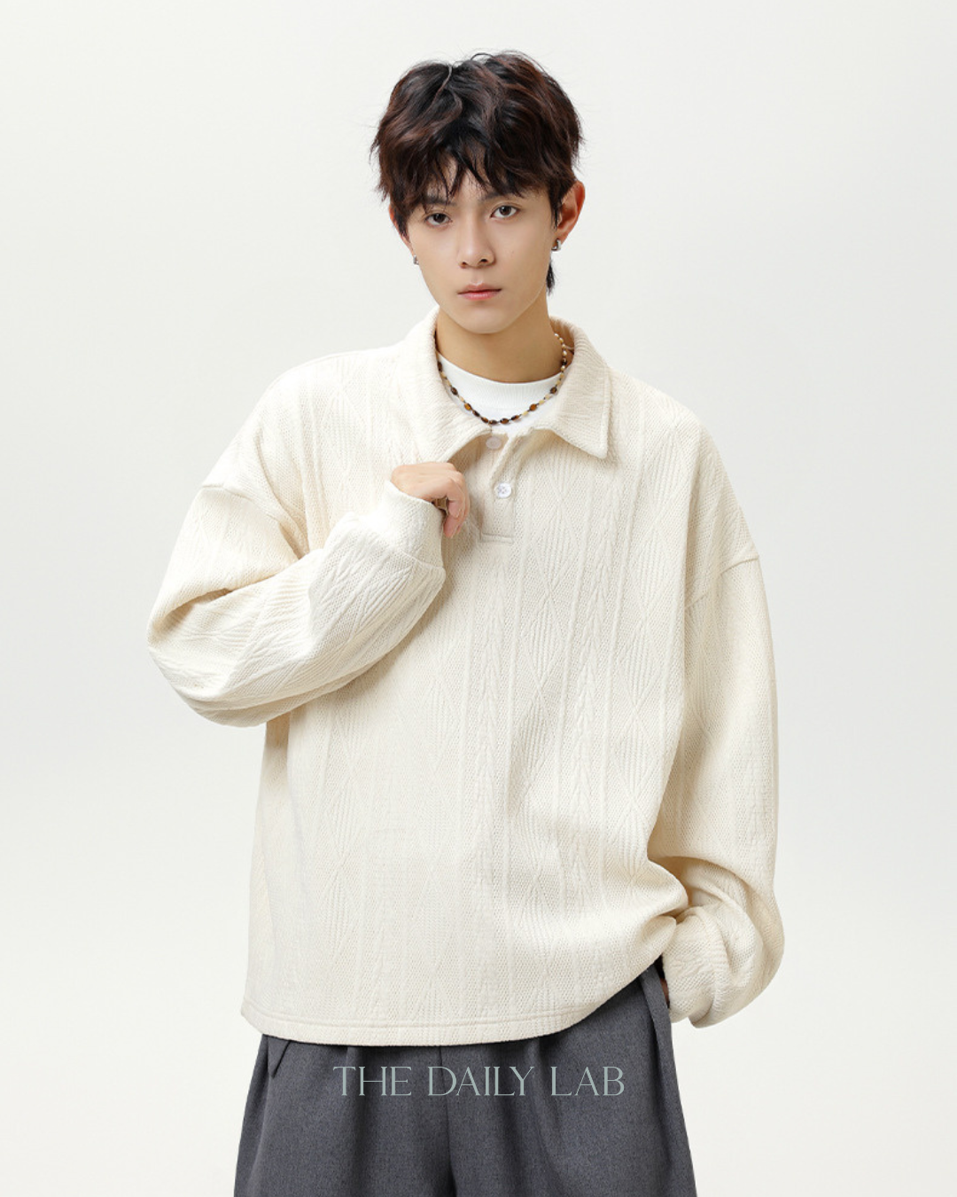 Heavyweight Textured Jacquard Turn-down Collar Sweatshirt In White