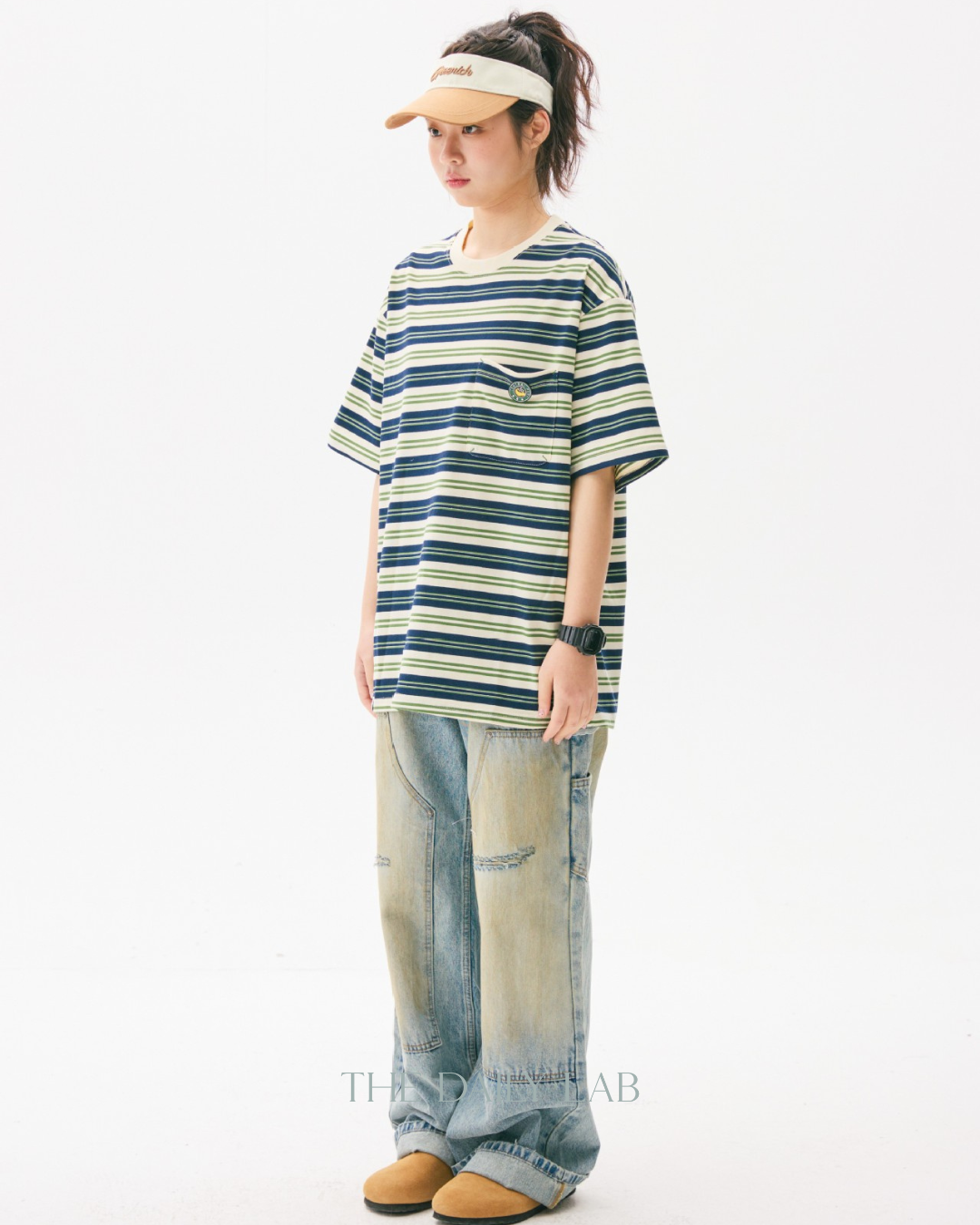 Teen Streetwear Striped Loose Fit Tee in Green/White