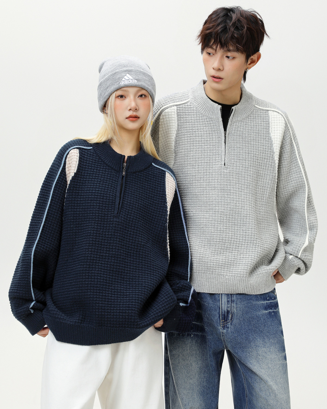 Colorblock Fleece Knit Jacket in Navy Blue