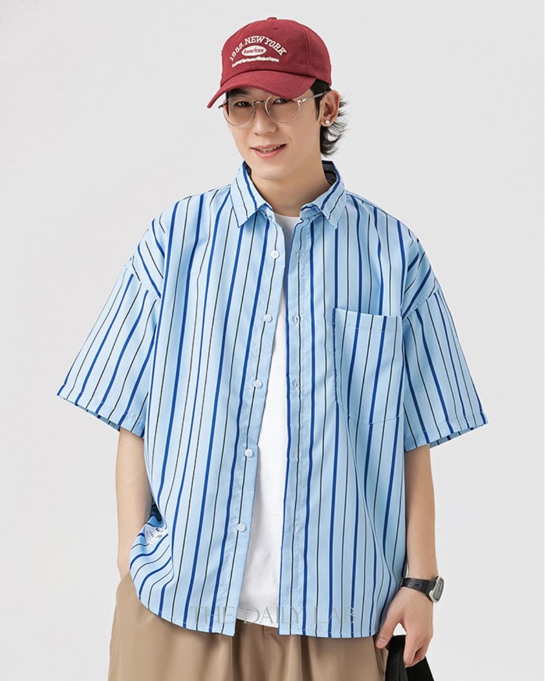 Give Off Striped Line Overshirt in Blue (Size S)