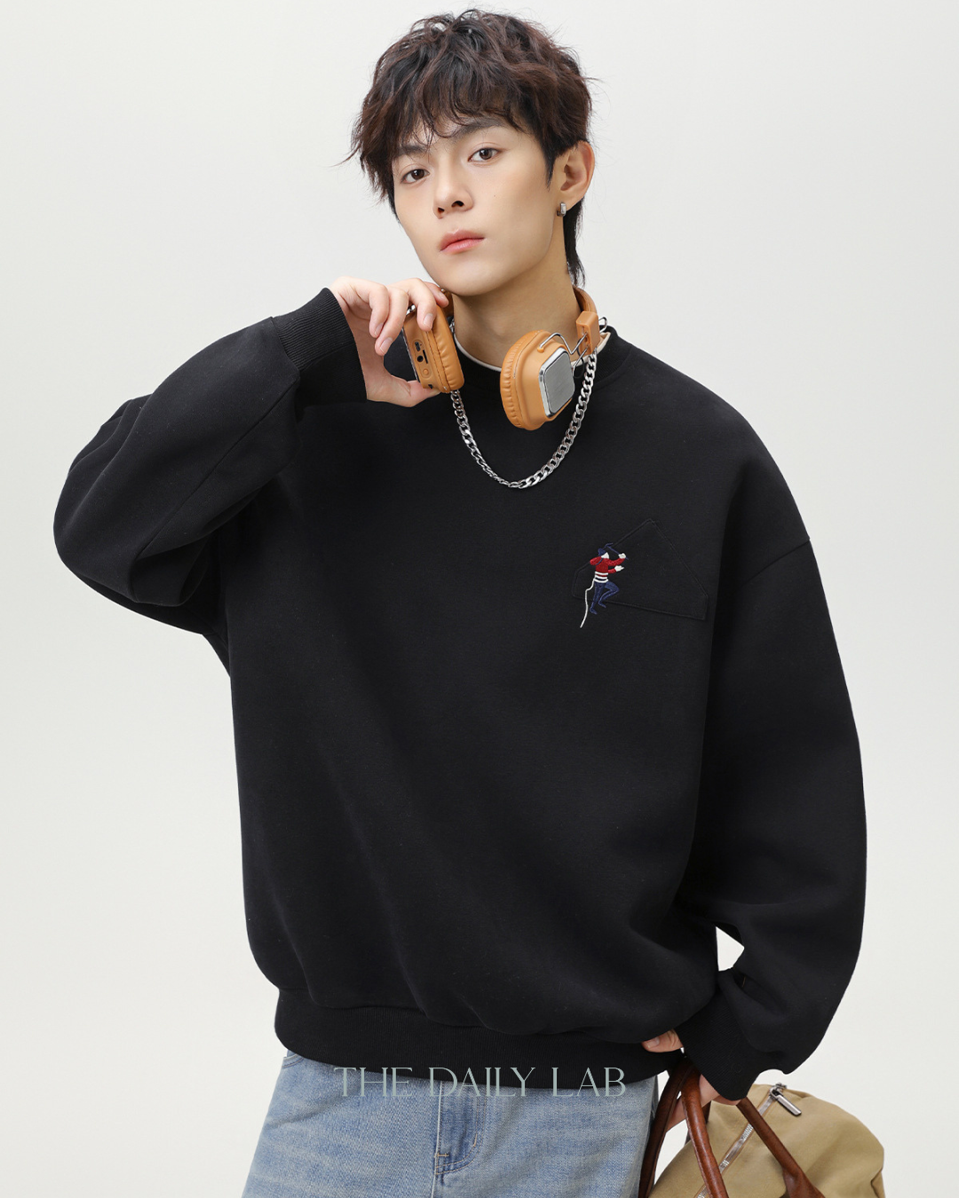 Heavyweight Crew Neck Sweatshirt Sports Jacket In Black