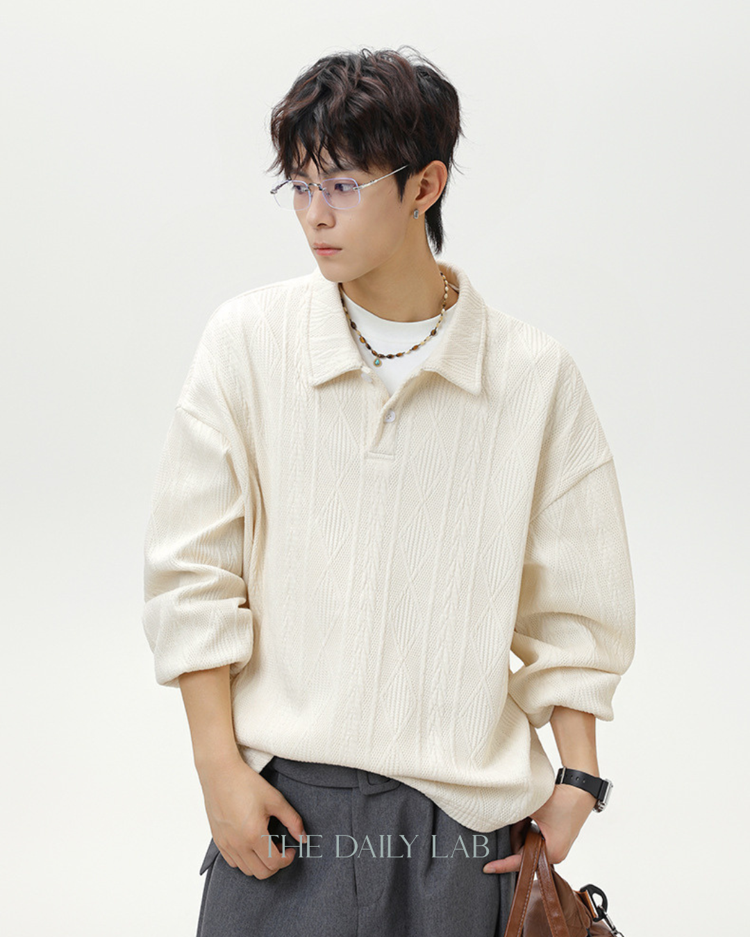 Heavyweight Textured Jacquard Turn-down Collar Sweatshirt In White