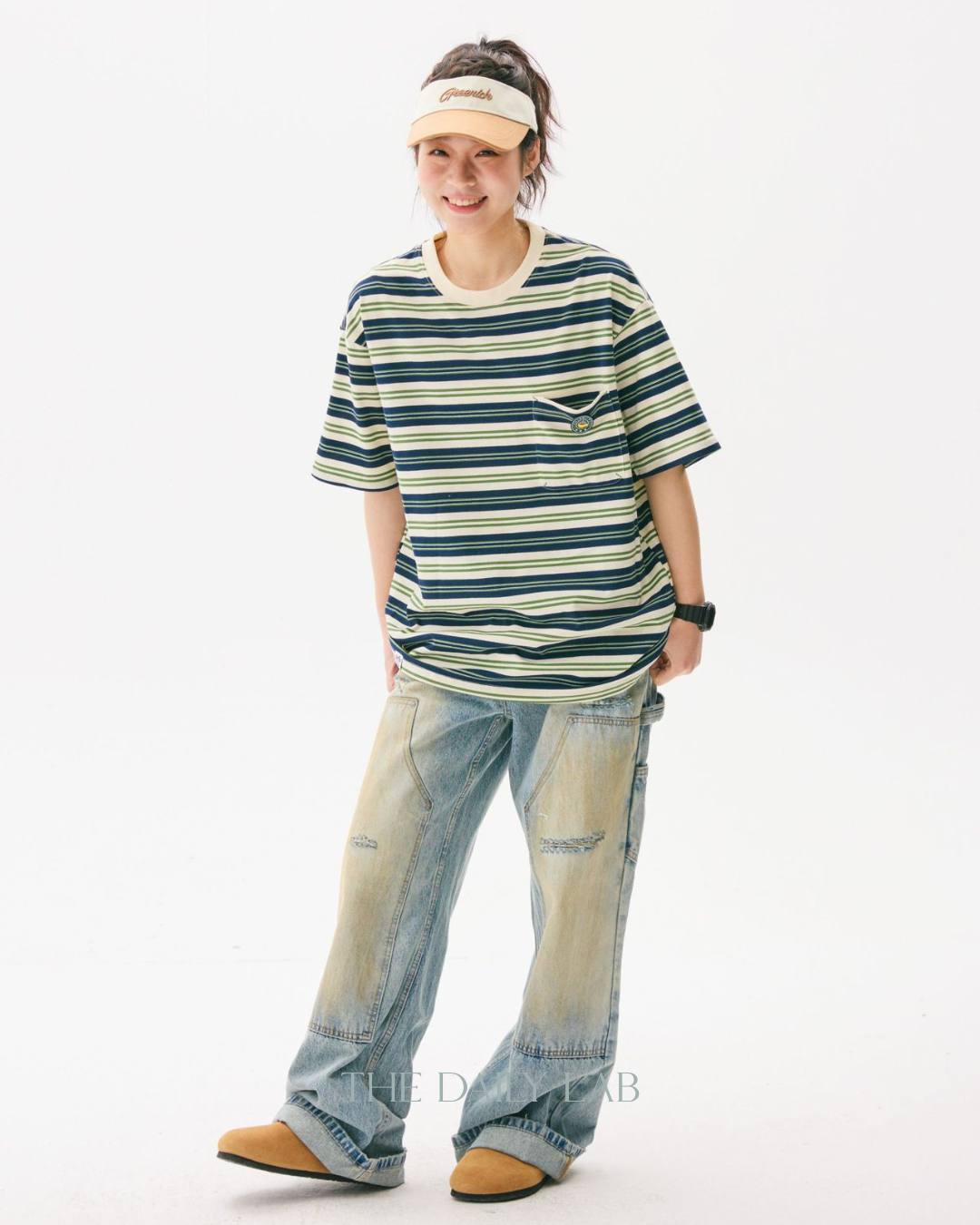 Teen Streetwear Striped Loose Fit Tee in Green/White